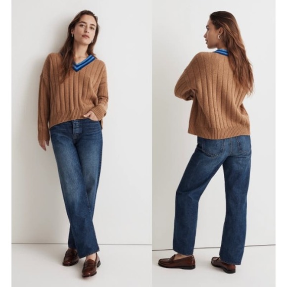 NEW Madewell Tipped Forrest V-Neck Sweater Heather Caramel Women's Size Small - Picture 1 of 8